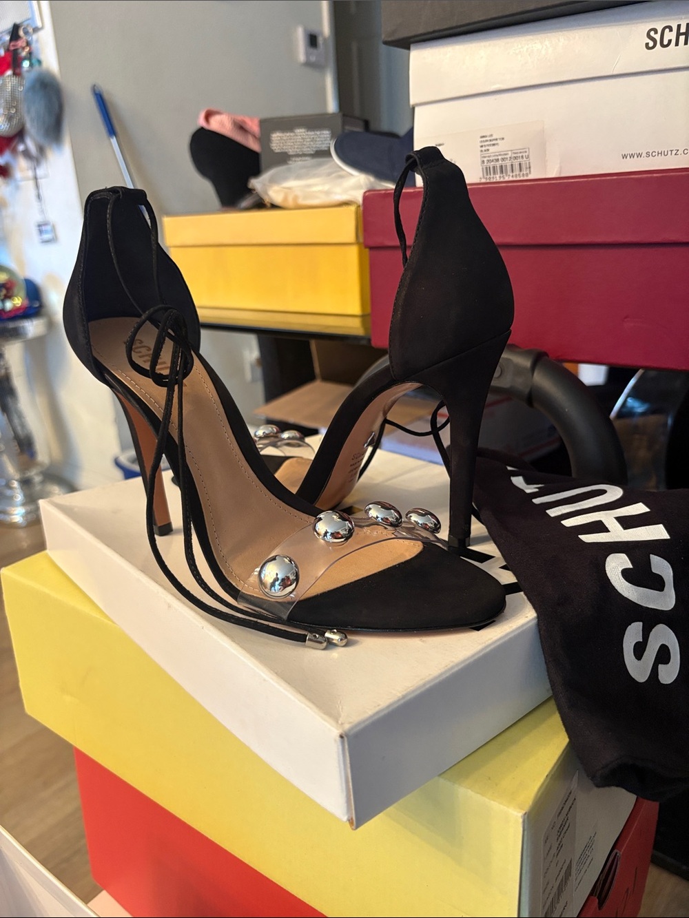 SCHUTZ Black Suede Stiletto Sandals with Silver Orb Accents 82
